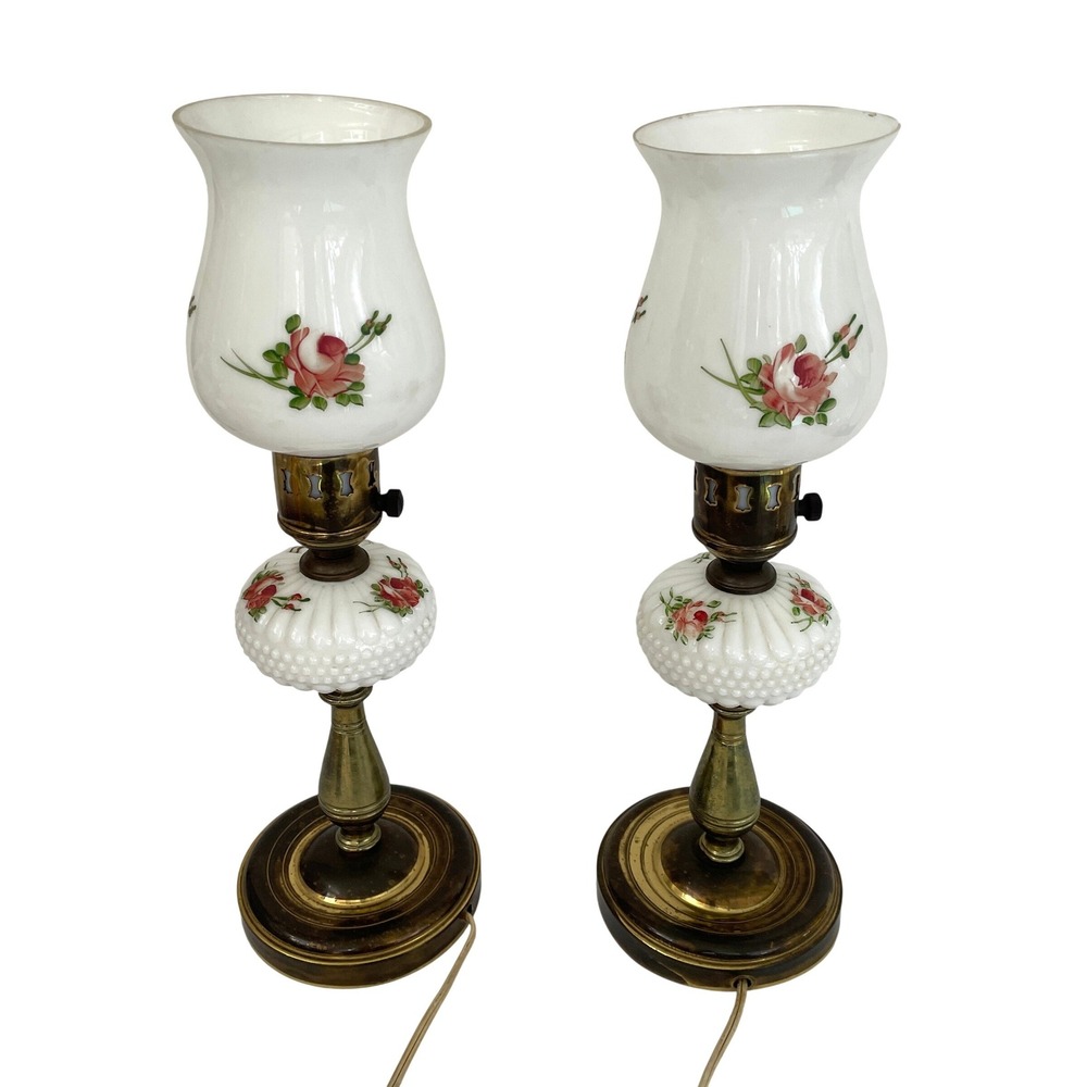 Vintage Milk Glass Hurricane Lamps Pair Pink Rose Floral Brass Base Mid Century